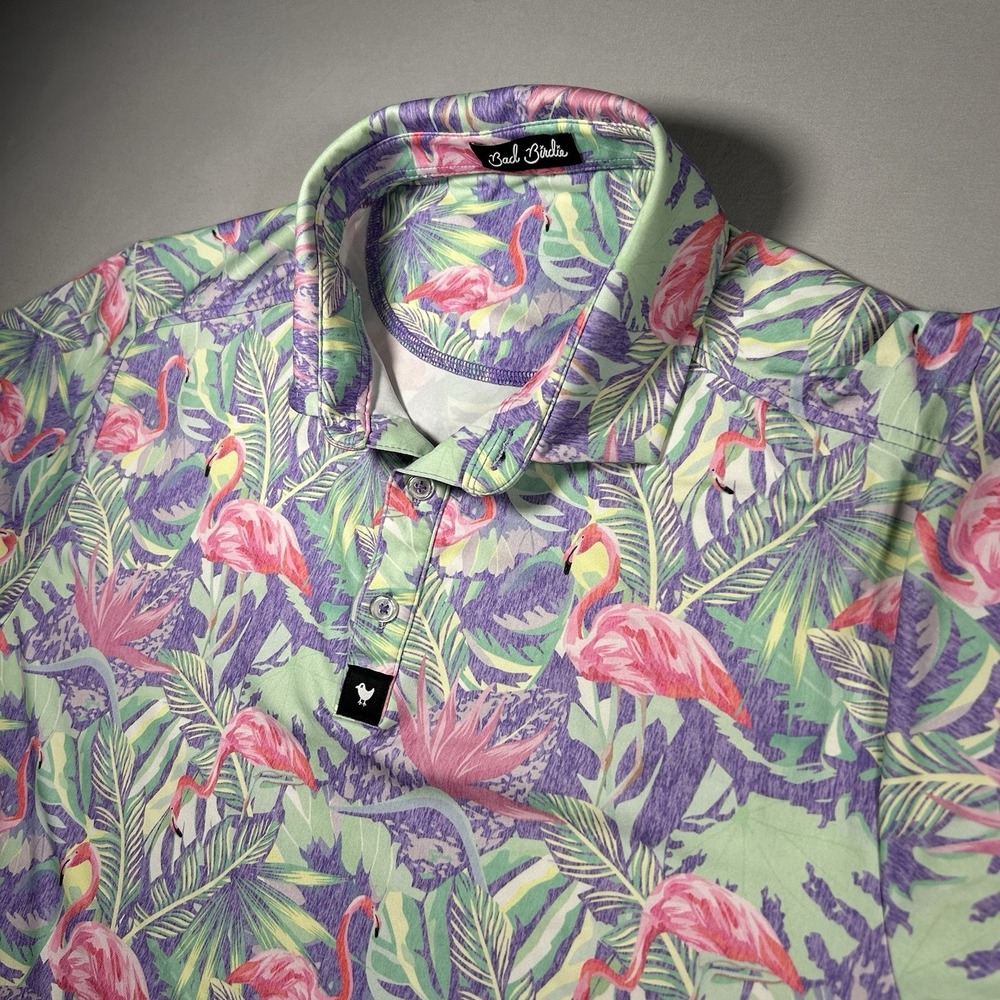 Mens Bad Birdie Flamingo Tropical Performance Golf Polo Purple Green Large